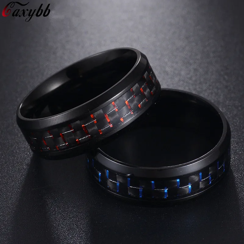 

Titanium Steel Black Carbon Fiber Mens Cool Rings Fashion Red Blue Ring Anel Masculino Jewelry