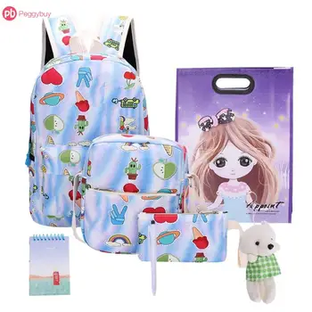 

7pcs/Set Unisex Food Print Canvas Backpack Travel Stationery Shoulder Bags Big Capacity Multi-Function Pencil Box Included Bolsa