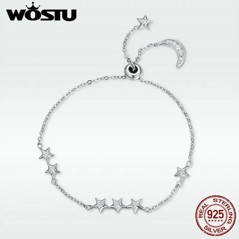 WOSTU, новинка, настоящая 925 пробы, серебряный, луна и звезды, регулируемая цепочка, браслет для женщин, хорошее ювелирное изделие, подарок на год, DXB007