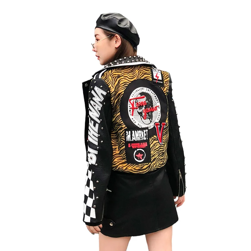 Осенняя Новинка, тайский модный бренд, женская кожаная куртка с заклепками, Зебра, граффити, принт, нашивка, дизайн, вышивка, тонкая верхняя одежда - Цвет: Black