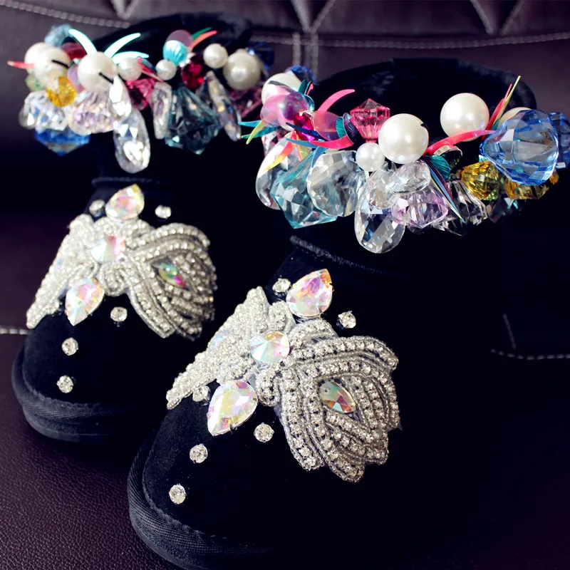 

High quality handmade black genuine leather sew-on candy gem snow boots