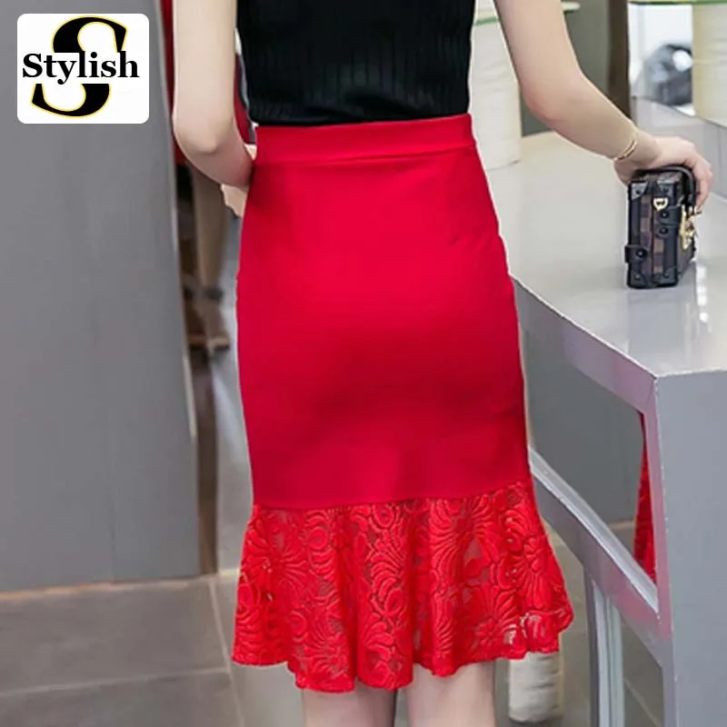 Женская юбка из кружева в стиле пэчворк с высокой талией, юбки-карандаш, Осень-зима, новые корейские Юбки Русалки размера плюс, женская одежда 5XL