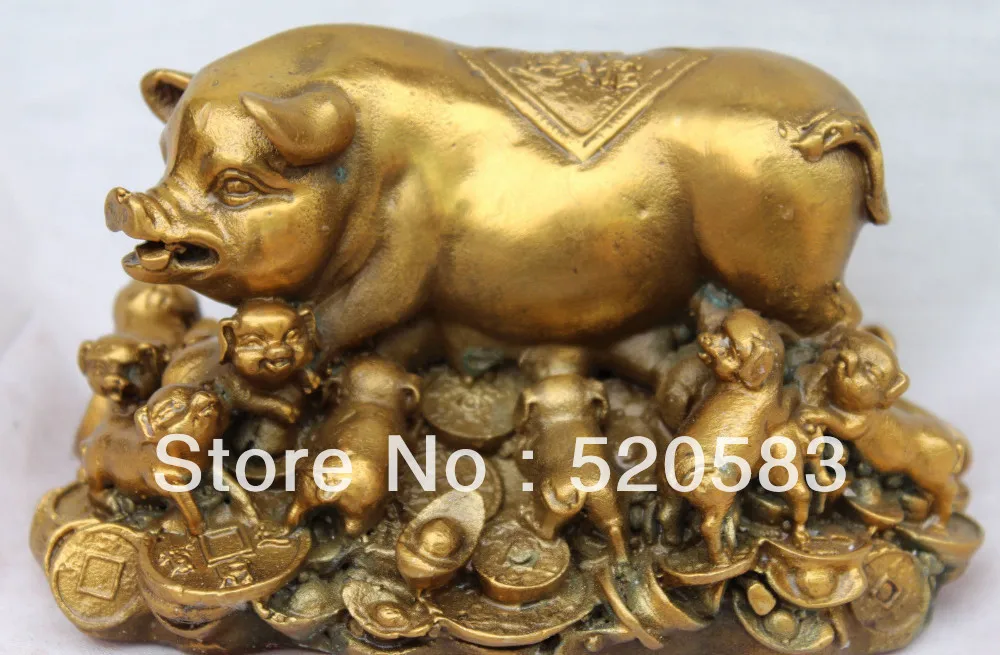 

5" Chinese Bronze Wealth YuanBao Money Animal Swine Pig Pigs Family States