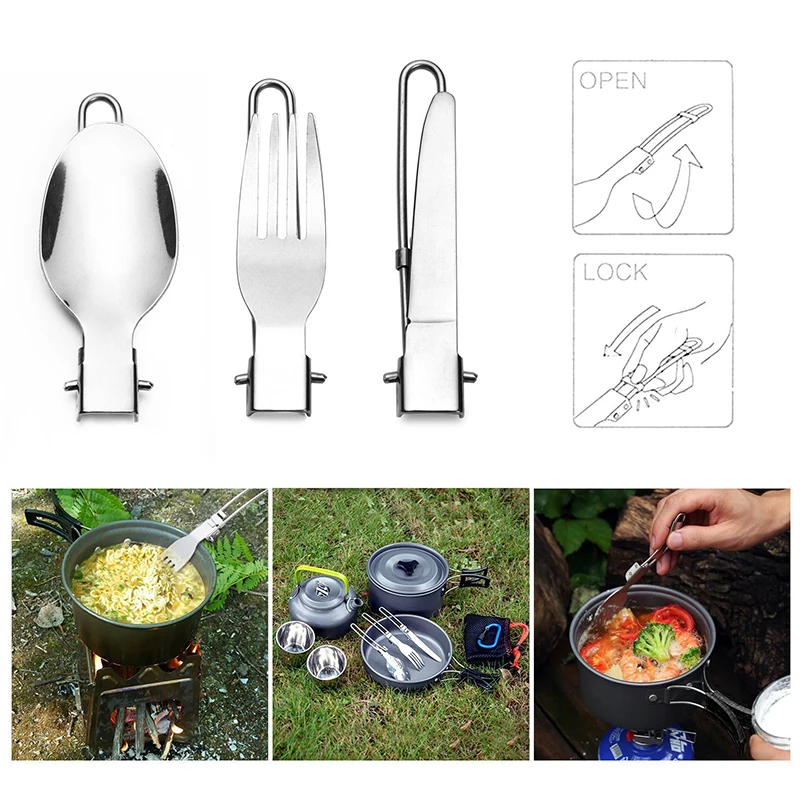 Портативный набор посуды из нержавеющей стали для путешествий, кемпинга, пикника, складной нож/вилка/ложка, набор 3 в 1, посуда для пикника