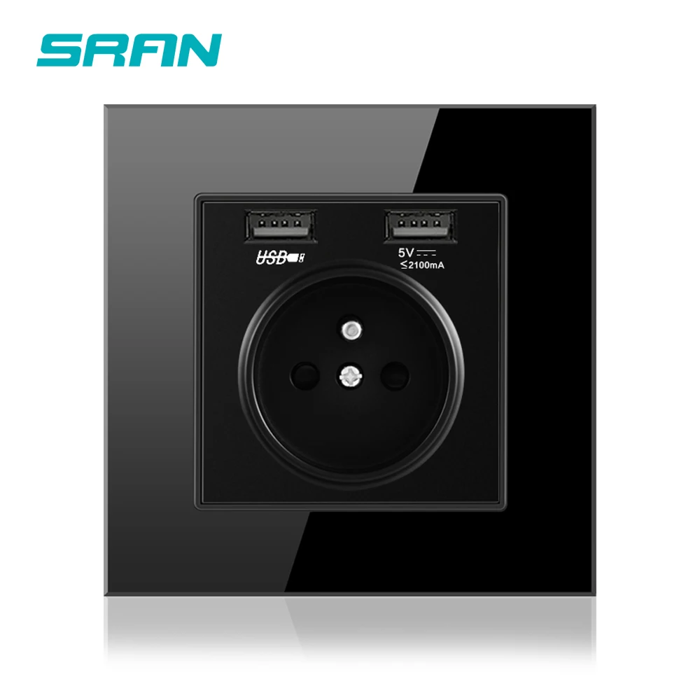 

SRAN French standard power socket with USB power socket outlet With safety door glass material panel 86*86mm
