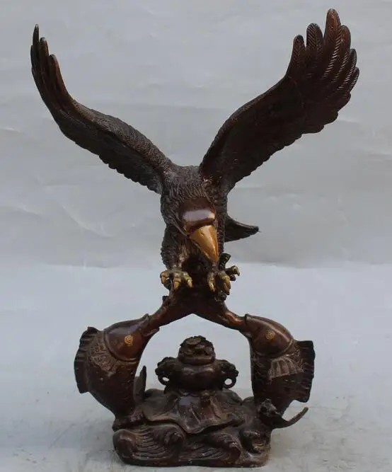 

free 16" Bronze Gilt Wealth Money Fly Arabia Hawk Eagle Bird On Double Fish Statue fast