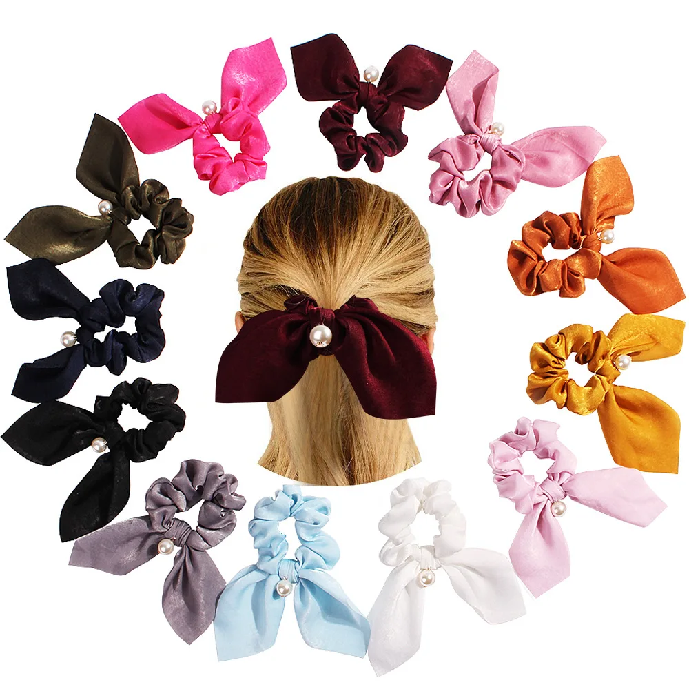 1PC Pearl Hair Rope Gifts Unique Elastic Wedding Graceful Flower Print Hair Accessories Adjustable Cute Polyester 23 Colors