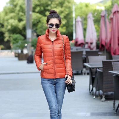 Женское зимнее пальто, новинка, ультра-светильник, 80% белый утиный пух, куртка для девушек, тонкая пуховая куртка, женское портативное ветрозащитное короткое пуховое пальто - Цвет: Orange