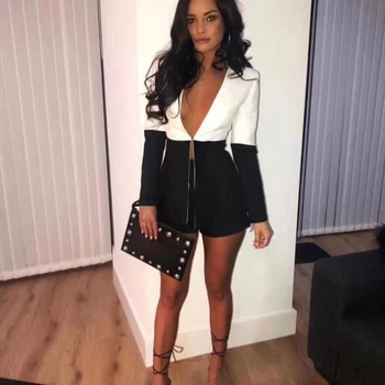 

New Fashion Summer Show White With Black Sexy Women Casual Suit 2 Piece Set Long Sleeve Deep V Neck Outfit Apparel Dropshipping