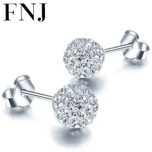 FNJ 925 серебряные серьги-гвоздики с шариками для женщин Серебро S925 пробы Букле д 'Орель 6 мм 8 мм белый AAA Кристалл синий циркон серьги