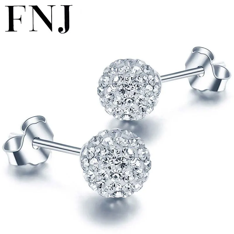 

FNJ 925 Silver Ball Stud Earring Women 100% S925 Sterling Silver boucle d'oreille 6mm 8mm White AAA Crystal Blue Zircon Earrings