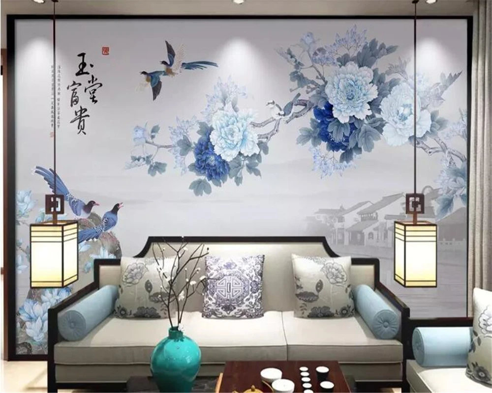 beibehang Custom size wallpaper magnolia open rich ylang fragrant blue peony background new Chinese style pen home decoration |