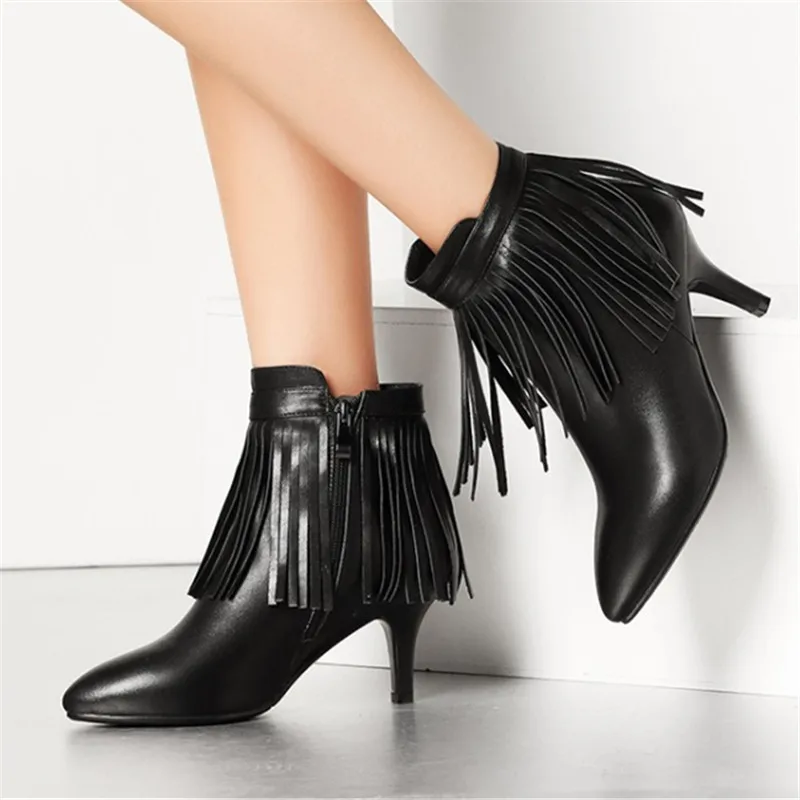 

women's Autumn Winter ankle boots pointed toe Thin heel Fringe ladies short boots Genuine Leather boots size 34-43 Pumps Shoes