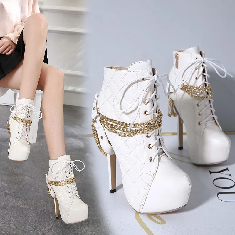 

Womens Round Toe Metal Chain Stilettos Heels Platform Punk Ankle Boots Fashion Super High 14CM Black White A371