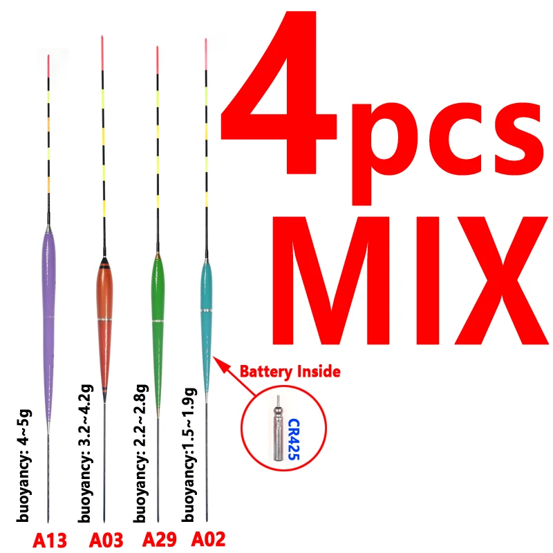 4 шт. электронный поплавок для ловли карпа, светящийся поплавок для ночной рыбалки, поплавок для рыбы CR425, аккумулятор/дополнительно перезаряжаемый - Цвет: 4pcs float mix