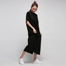 European and American Fashion New Solid Color Side Slit Short-sleeved T-shirt cotton women's t-shirt cowl neck side slit longline t shirt
