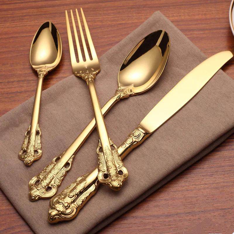 

4pcs/set High Grade Luxury Royal Style Stainless Steel Gold Plated Tableware Flatware Set Dinner Knife Fork Spoon Set Dinnerware