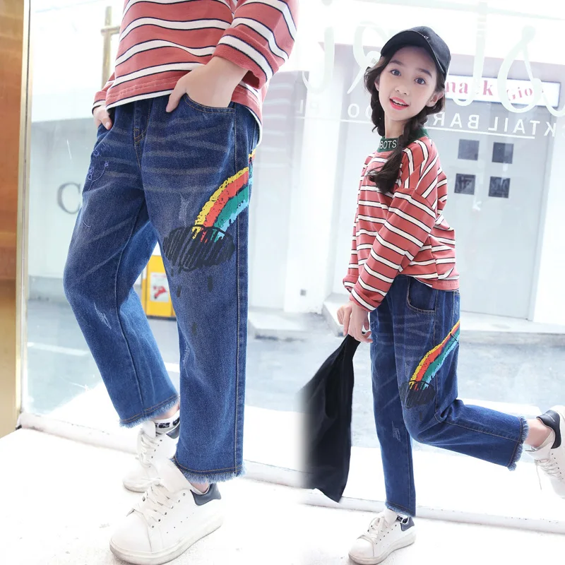 

Rainbow Jeans For Girls 3 4 5 6 7 8 9 10 11 12 13 Years 2018 Autumn New Fashion Print Loose Korean Style Denim Pant Teenage Jean