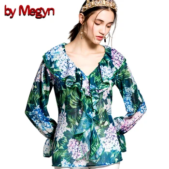 

by megyn women flare long sleeve blouse green floral print ruffle blouse sexy v-neck 2019 summer women fashion tops blouses