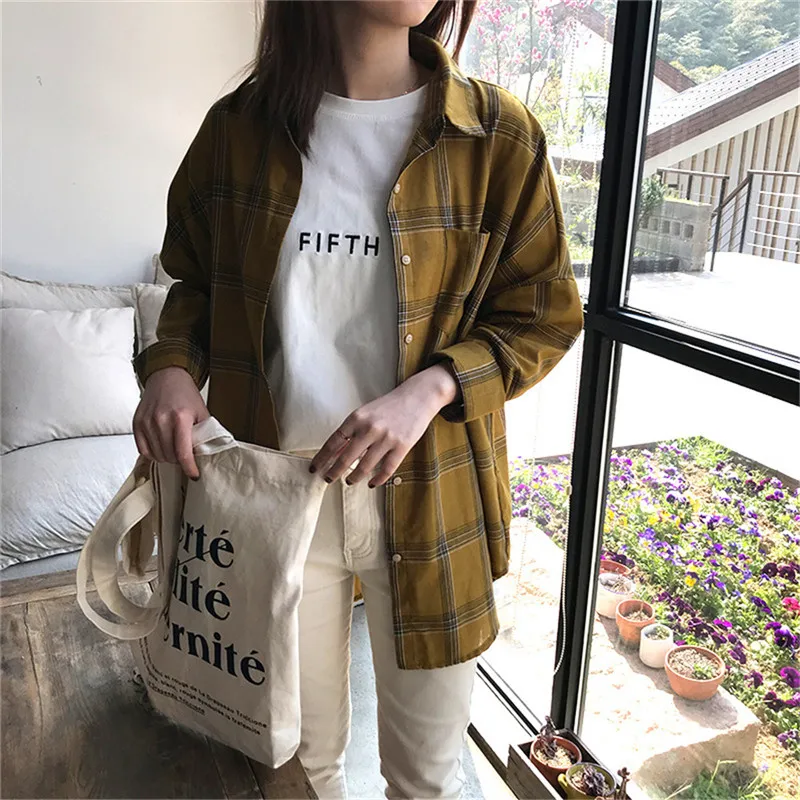 Pink women plaid blouse shirt 2019 SpringWomen Office Air Conditioner Blouse Shirt Female Loose Outerwear Casual Pocket Shirts (19)