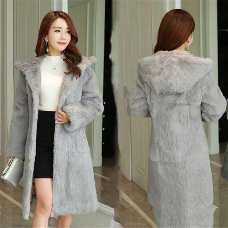 

Long Plus Size S - 8XL Hooded Natural Rabbit Fur Coats Outerwear Women Real Fur Jackets 2019 Autumn Winter New Collection 577-1