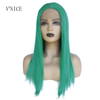 

V'NICE Medium Length Silky Straight Green Color Wigs Hair Heat Resistant High Temperature Synthetic Lace Front Wig for Women