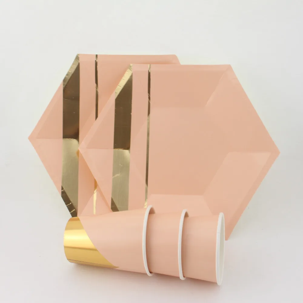 

130pcs/pack Foil Gold Pink Texture Disposable Tableware Set Wedding Party Paper Plates Cups Straws Baby Shower Party Supplies