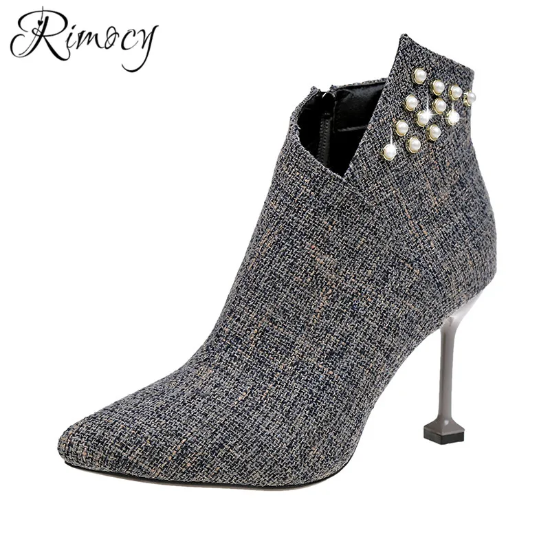 

Rimocy 2018 autumn fashion ankle boots for women sexy pointed toe high heels shoes woman luxury crystal botas thin heel booties