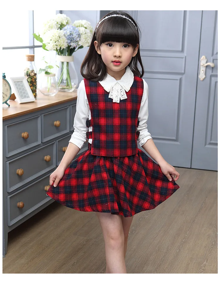 Girls White Shirt Plaid Waistcoat Skirts 3PCS Suit 9