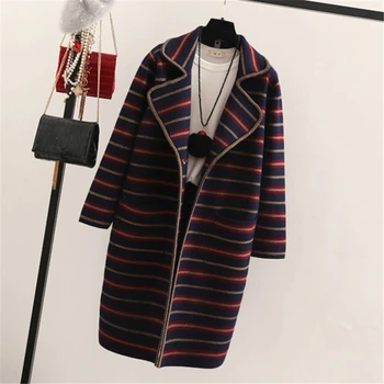 

Autumn Winter Women Cardigan Nice Stripe Knitted Sweater Long Female Korean Knitted Pocket Coat High Quality Cardigan A845