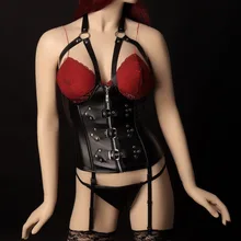 Полный кожаный средства ухода за кожей Жгут Бюстгальтер черный комплект талии Связывание ремень Регулируемый бандаж белье подвязки