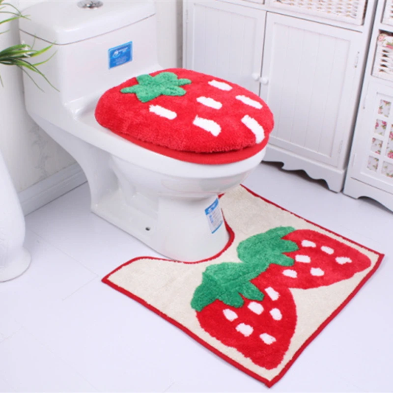 Free shipping red strawberry mat 3pc suite padded toilet seat cover