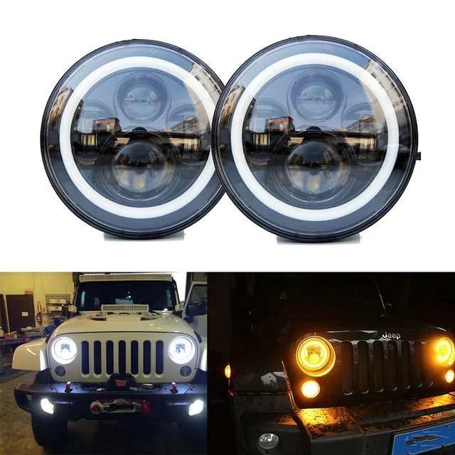 For JK Jeep Wrangler 7" Round LED Headlight White Halo Angel Eye & DRL