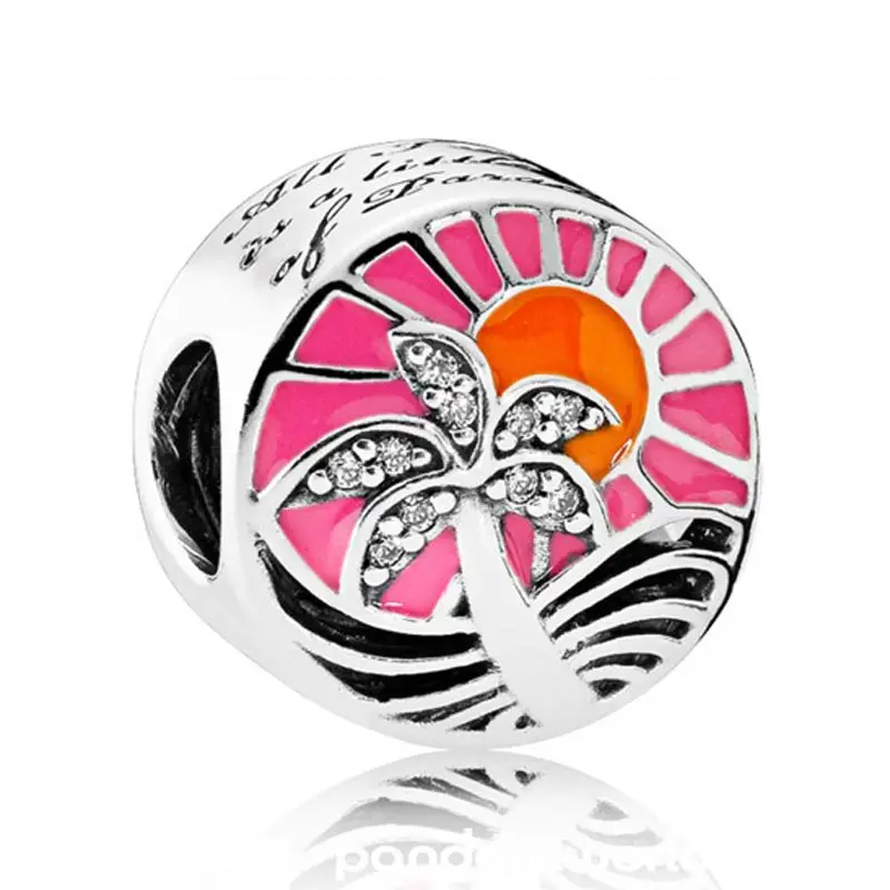 

New 925 Sterling Silver Bead Charm Pink & Orange Tropical Sunset With Crystal Beads Fit Pandora Bracelet Bangle DIY Jewelry