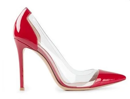 Пикантные красные туфли-лодочки на каблуке-шпильке; женская обувь; черные модельные туфли из лакированной кожи с прозрачными вставками из пвх; туфли-лодочки с острым носком