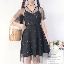 Летние платья, новое японское милое Сетчатое платье феи, уличная одежда, платье трапециевидной формы с короткими рукавами