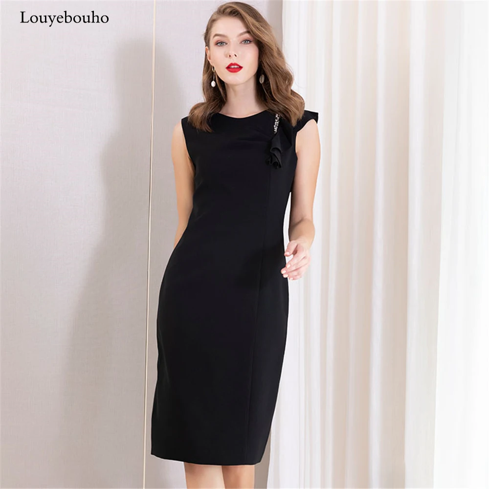 

2019 Women Elegant OL Office Slim Dress Summer Sleeveless Evening Party Pencil Dresses Ladies Beading Zipper Robe Vestidos New