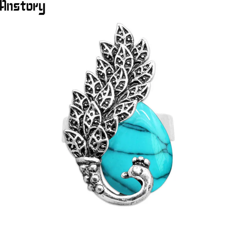 

Water Drop Synthetic Turquoises Opal Peacock Adjustalbe Rings Antique Silver Plated Fashion Jewelry TR609