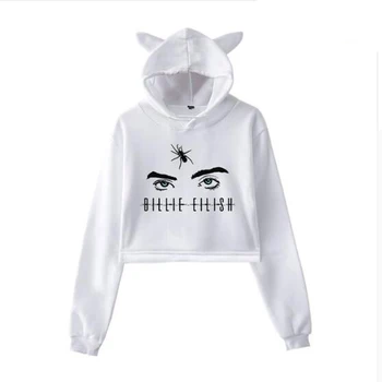 

Billie Eilish Crop Top Hoodie Hip Hop Streetwear Kawaii Cat Ear Cropped Short Sweatshirt Hooded Pullover Women Tops Ropa Mujer