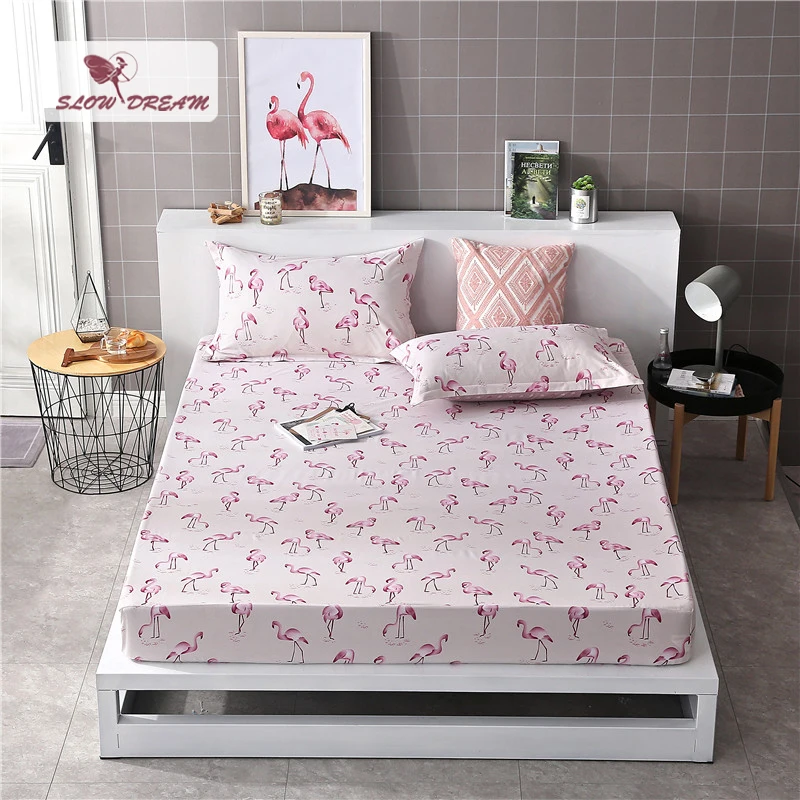 

Slowdream 1PCS Flamingos Cartoon Bed Fitted Sheet Mattress Cover Bed Sheet On Elastic Band Rubber Sheet Double Adult Bed Linen
