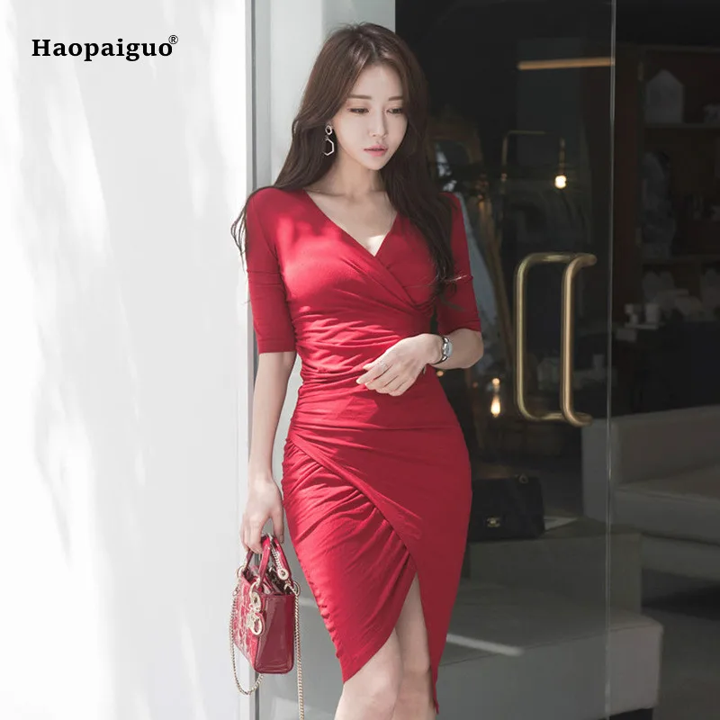 Buy Solid Asymmetrical Dress Summer Women Red Half