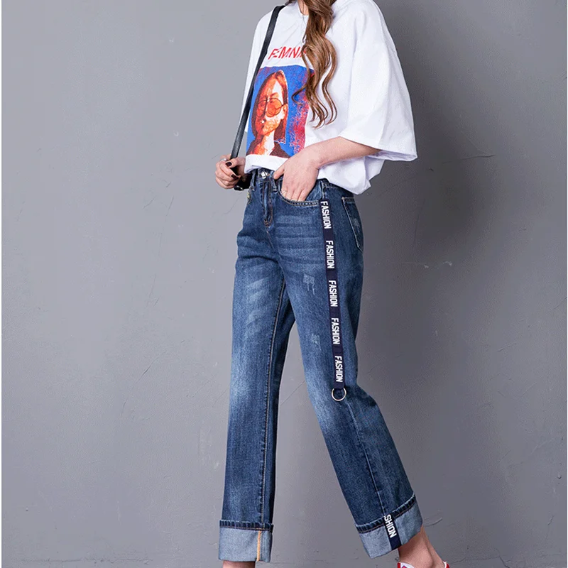 Mom Jeans with stripe summer 2018 women jeans with side pockets Wide Leg Pants mid rise new arrival denim trousers AA3503 a