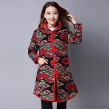 Woman National Style Big Size Print Long Coat Thick Cotton Hooded Long Outerwear Linen Maxi Winter