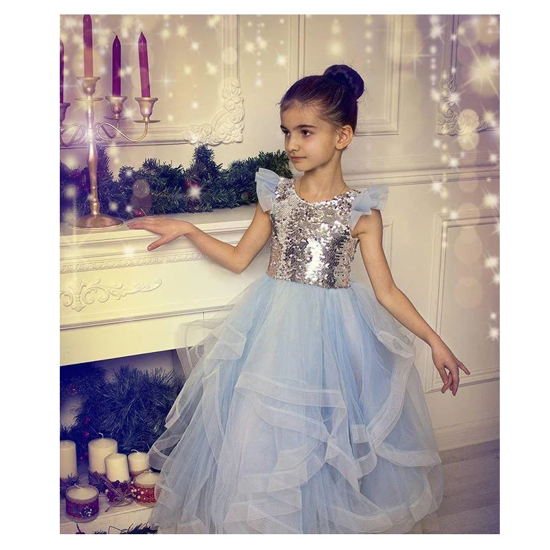 

Sequined Tulle Girls Pageant Gowns Silver Cap Sleeve Light Blue Tutu Skirt Flower Girl Dresses For Wedding Baby Party Dress
