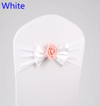 

White Colour Lycra chair sash butterfly bow tie with rose ball for wedding chairs decoration spandex band stretch bow tie