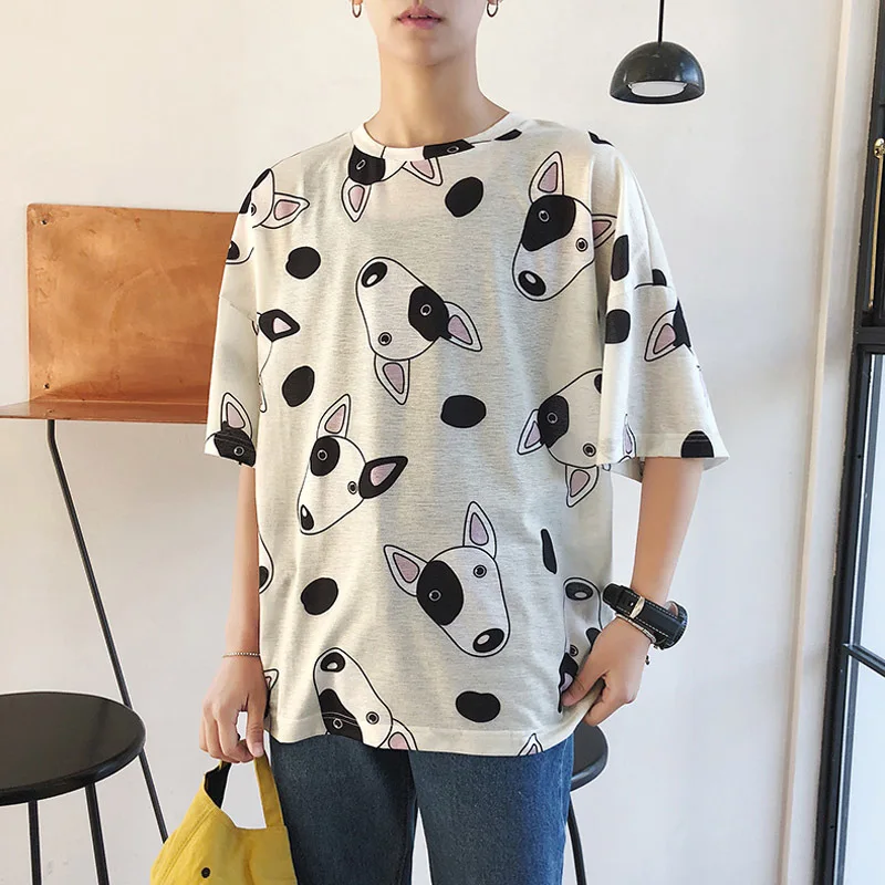 2019 Autumn New Korean Men's Quarter Clearance Half-sleeve Loose Student Short-sleeved Street Handsome Cartoon T-shirt | Мужская
