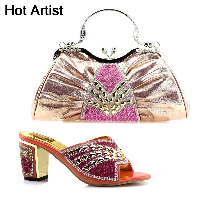 

Hot Artist Latest Pink Color Elegant Shoes and Bag Set For Party Italian Decorated With Rhinestone Ladies Shoe And Bag Set YK-58