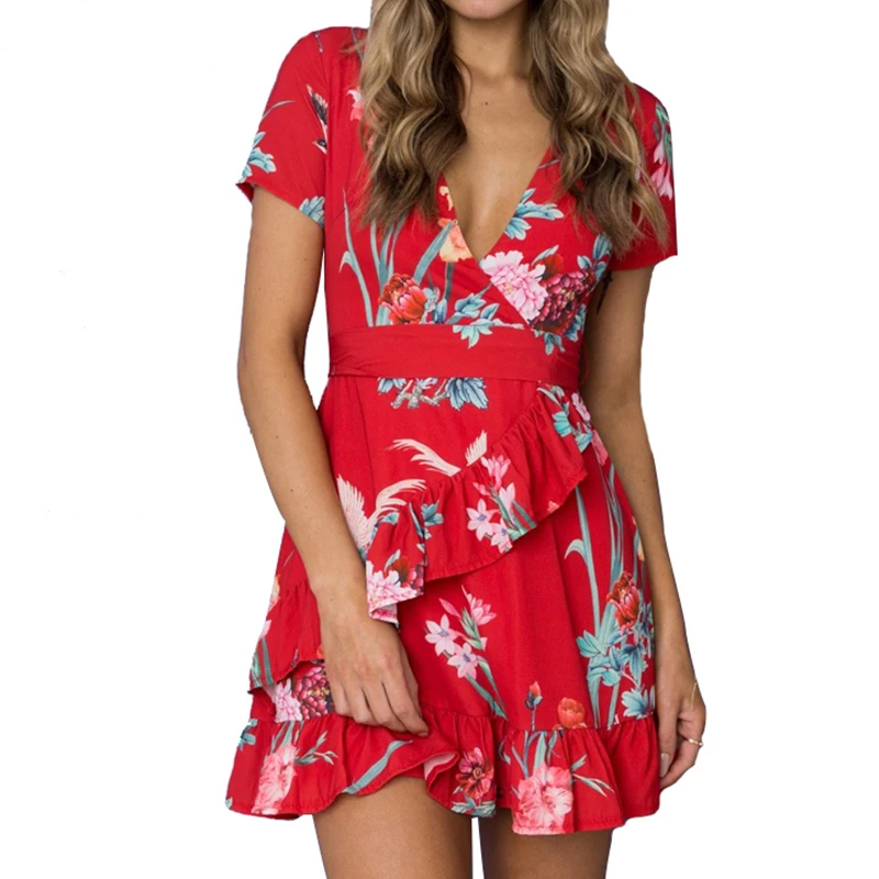 

Lily Rosie Girl Ruffles Red Sexy V Neck Women Short Dress 2018 Summer Beach Party Short Sleeve Boho Floral Print Vestido Dresses