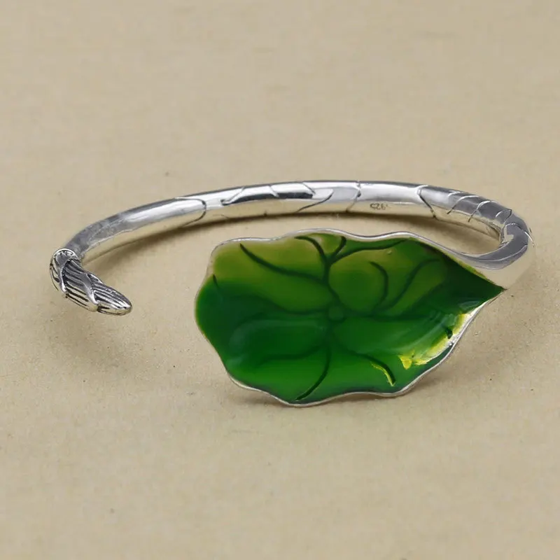 Creative Trendy Of New S925 Sterling Silver Retro Thai Silver Female Ethnic Lotus Enamel Dripping Open Ended Bangle