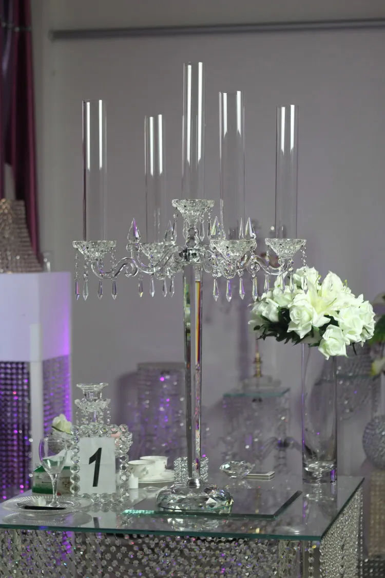 Fullvaseer 4pcs 5 Arm Acrylic Candelabra,Clear Candle Holder For Wedding,45.7inch Tall Floor Candle Holders For Ceremony Birthday Party Home Decoration Fit 0.8 LED Candles